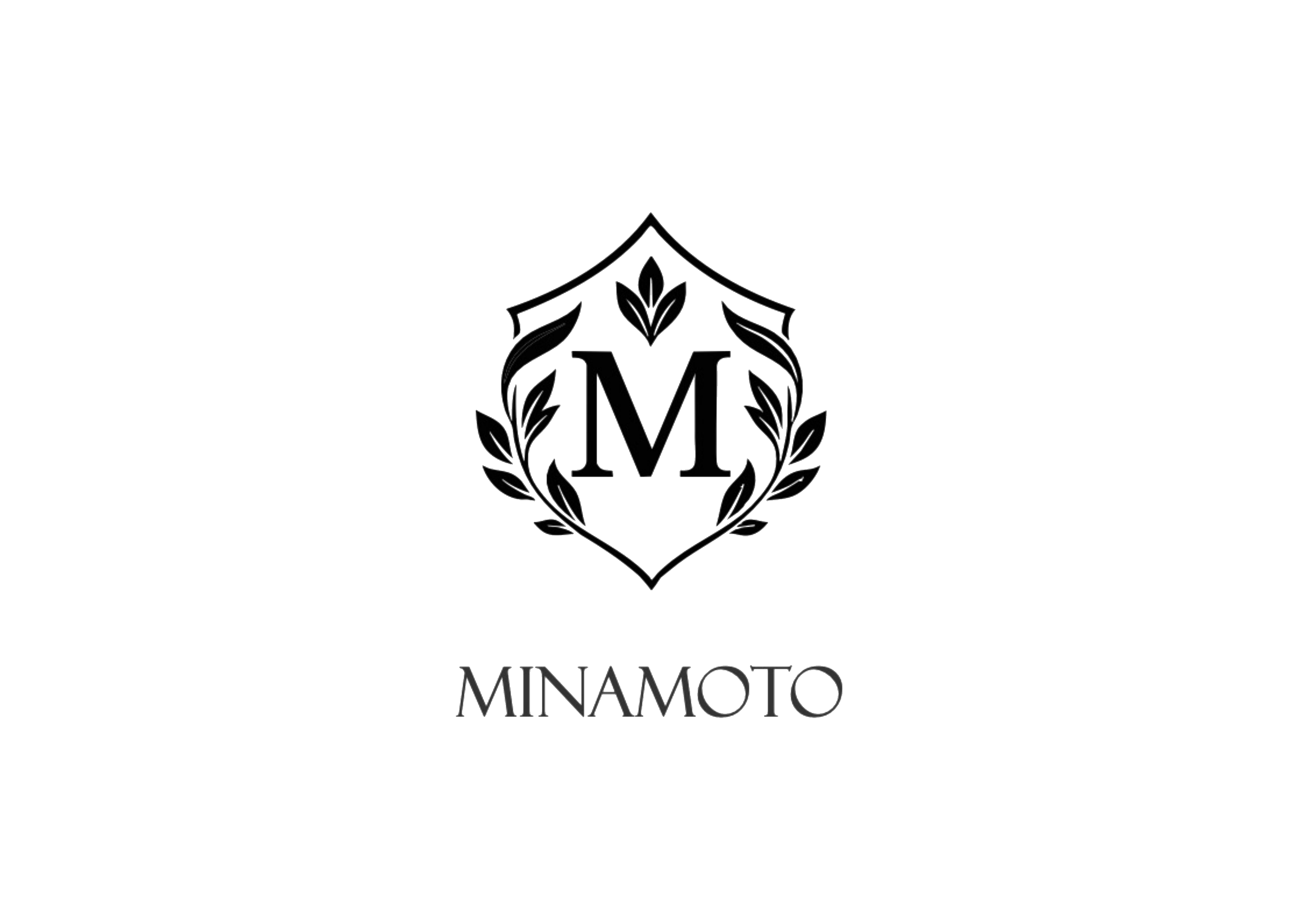 MINAMOTO品牌logo，包含一个盾形设计和字母'M'，下方有'MINAMOTO'文字。