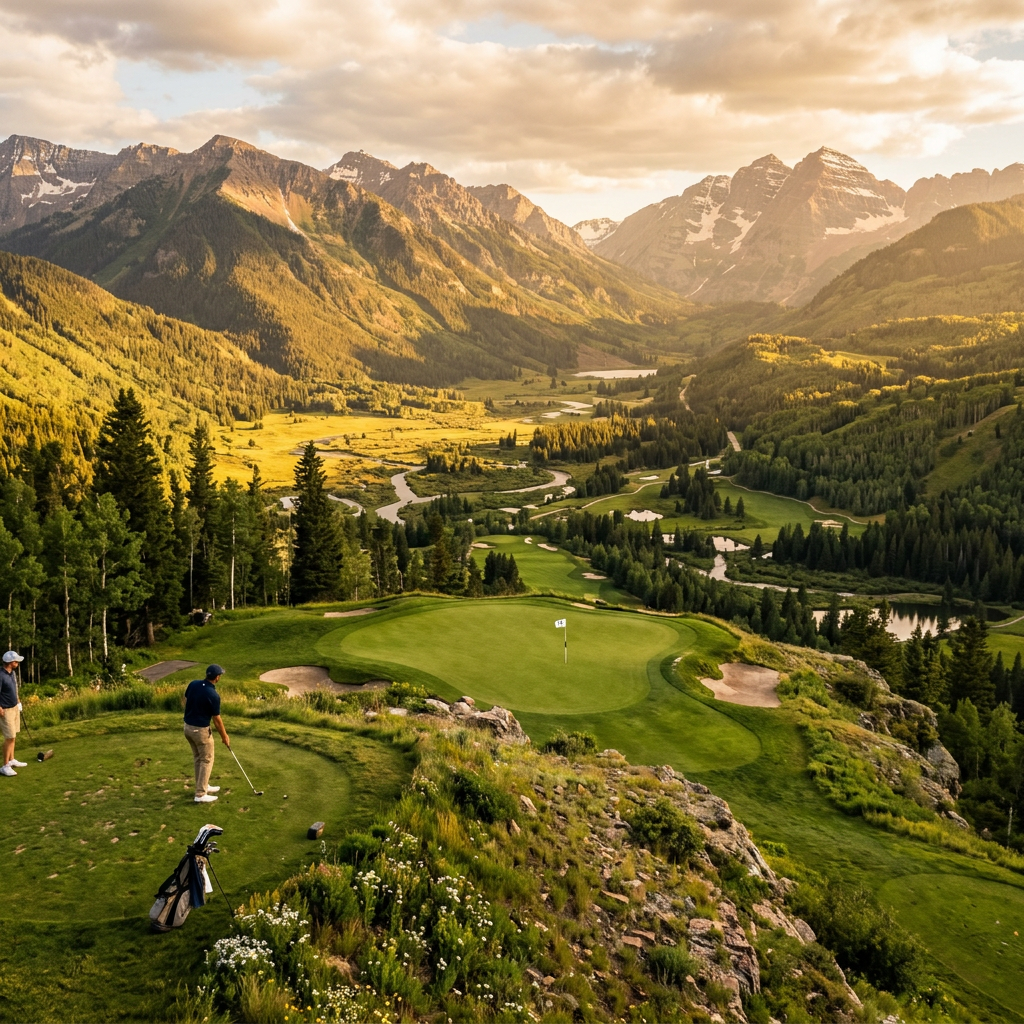 Golfers playing on a scenic mountain golf course overlooking a valley with rivers and peaks at sunset