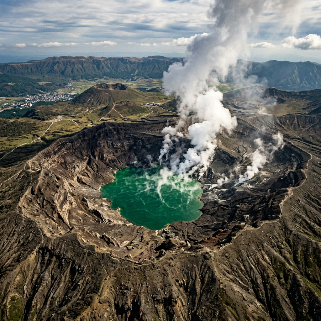 Volcanic crater with greenish-blue water emitting white steam clouds