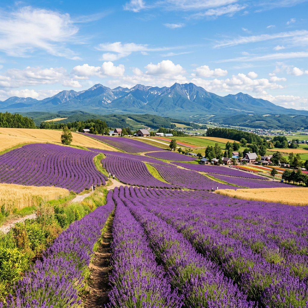 Rows of blooming purple lavender fields with a mountain range in the background