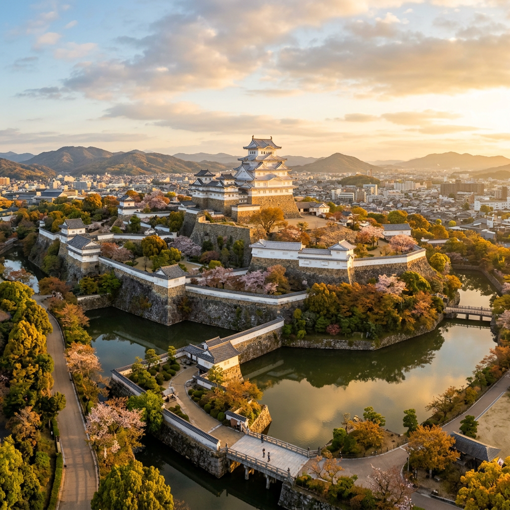 Himeji Castle perched on a hilltop with surrounding stone walls, moat, and cherry blossom trees at sunset